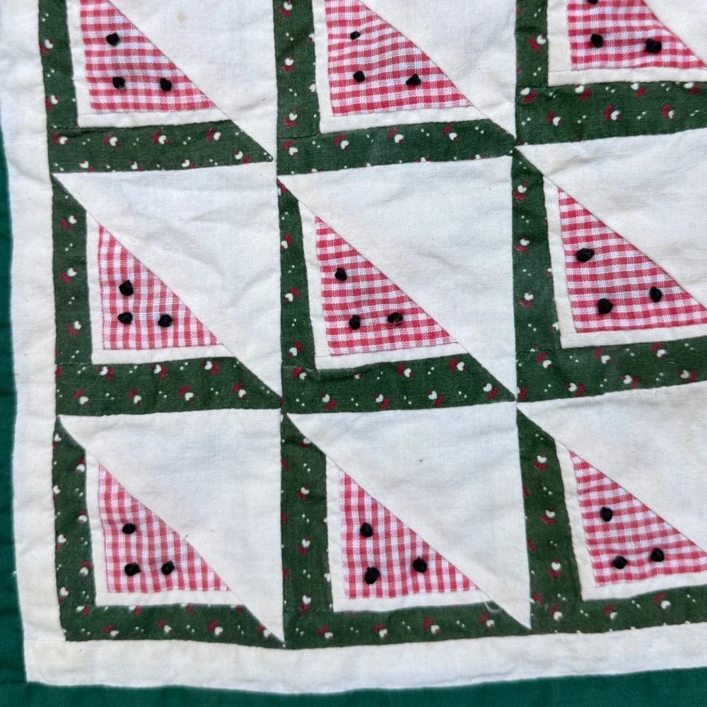 9.a.9 Vtg Handmade Watermelon Quilt Block Mini Quilt Table Mat 11x11 Patchwork
